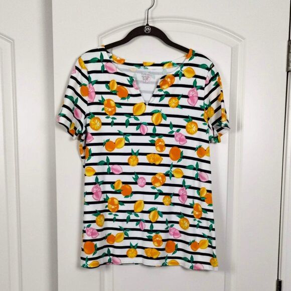 Kim Rogers Short Sleeve Split Neck Stripe Lemon Printed Cotton Shirt, Size S - Picture 1 of 5